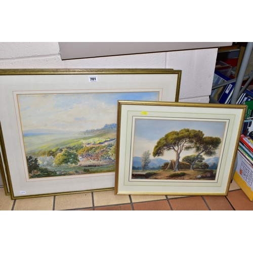 701 - THREE MID 20TH CENTURY WATERCOLOUR LANDSCAPES, comprising a landscape with a rocky outcrop and a lan... 