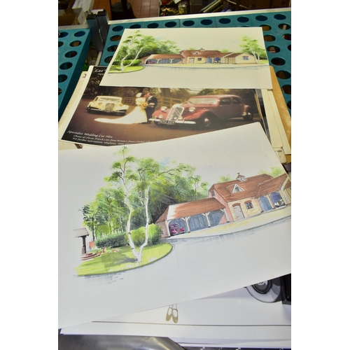 703 - TWO BOXES OF CITROEN EPHEMERA AND ASSORTED PRINTS ETC, to include Citroen dealer stock illustrations... 