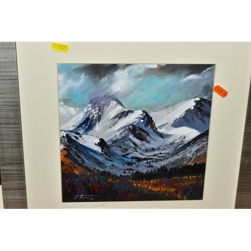 707 - PETER THRELFALL (BRITISH CONTEMPORARY) THREE MOUNTAIN THEMED LANDSCAPE PICTURES, set within the Lake... 