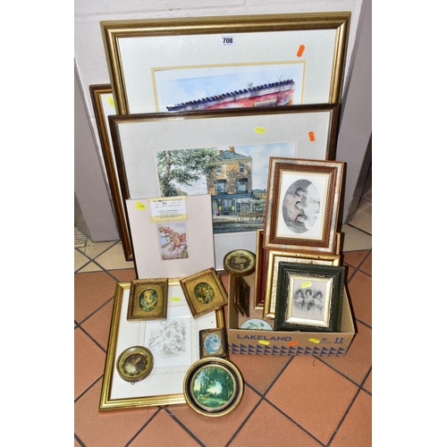 708 - A SMALL COLLECTION OF PICTURES AND PRINTS ETC, to include two Vic Bowcott watercolours depicting a s... 