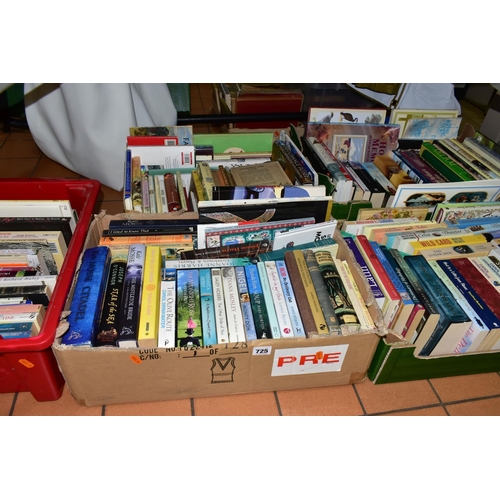 725 - BOOKS, five boxes containing approximately 160 miscellaneous titles in hardback and paperback format... 