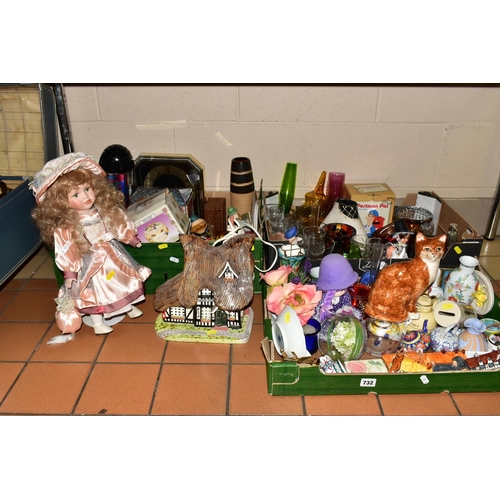 732 - THREE BOXES OF ASSORTED ORNAMENTS, to include a Babbacombe Pottery 'Ginger Cat' figure, a Pottery Ar... 