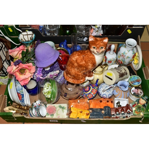 732 - THREE BOXES OF ASSORTED ORNAMENTS, to include a Babbacombe Pottery 'Ginger Cat' figure, a Pottery Ar... 