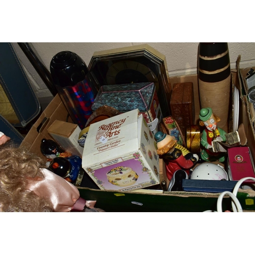 732 - THREE BOXES OF ASSORTED ORNAMENTS, to include a Babbacombe Pottery 'Ginger Cat' figure, a Pottery Ar... 