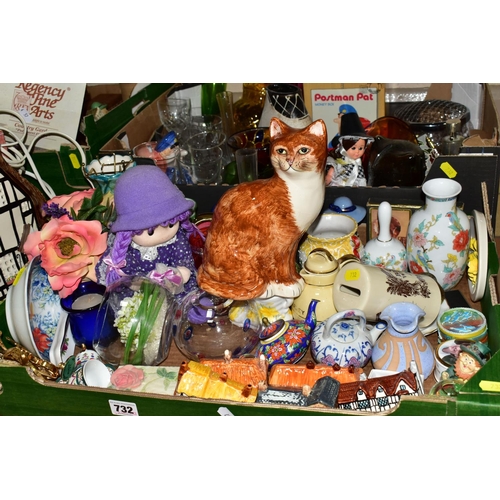 732 - THREE BOXES OF ASSORTED ORNAMENTS, to include a Babbacombe Pottery 'Ginger Cat' figure, a Pottery Ar... 