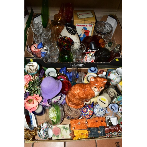 732 - THREE BOXES OF ASSORTED ORNAMENTS, to include a Babbacombe Pottery 'Ginger Cat' figure, a Pottery Ar... 