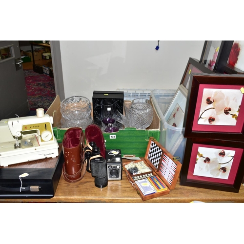 734 - TWO BOXES OF FRAMED PRINTS, CUT CRYSTAL AND ASSORTED SUNDRIES, to include a Fleetwood 'Imperial' por... 