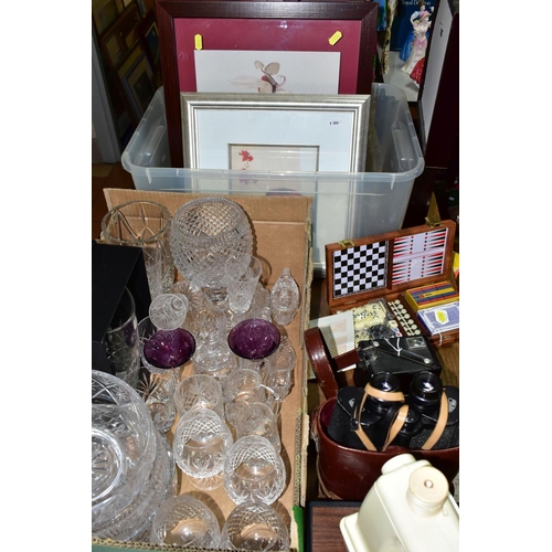 734 - TWO BOXES OF FRAMED PRINTS, CUT CRYSTAL AND ASSORTED SUNDRIES, to include a Fleetwood 'Imperial' por... 