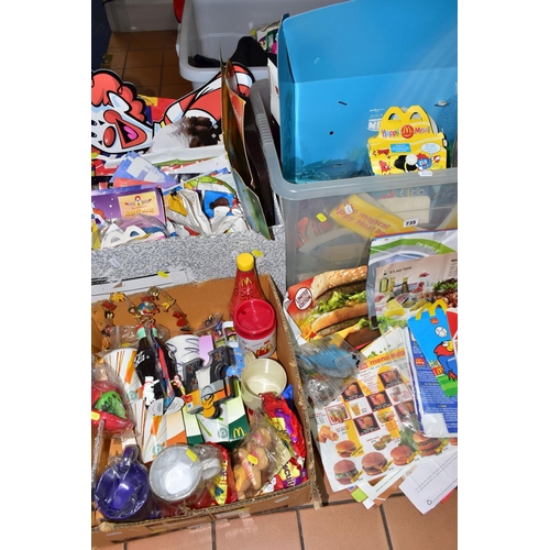 735 - FOUR BOXES OF MCDONALDS HAPPY MEAL TOYS AND ADVERTISING ITEMS, to include sealed packs, incomplete s... 