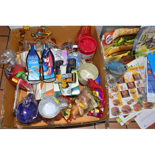 735 - FOUR BOXES OF MCDONALDS HAPPY MEAL TOYS AND ADVERTISING ITEMS, to include sealed packs, incomplete s... 