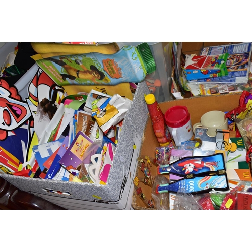 735 - FOUR BOXES OF MCDONALDS HAPPY MEAL TOYS AND ADVERTISING ITEMS, to include sealed packs, incomplete s... 