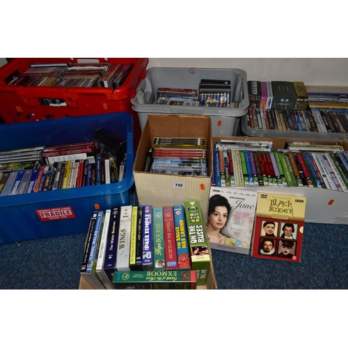 742 - EIGHT BOXES OF ASSORTED DVDs, to include documentaries - Fred Dibnah, RAF at War, Canal Walks, Coast... 