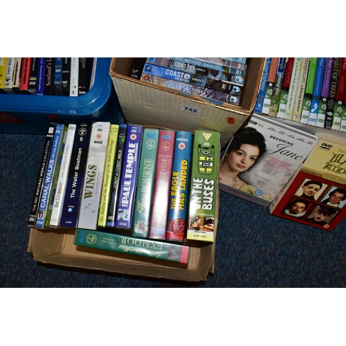 742 - EIGHT BOXES OF ASSORTED DVDs, to include documentaries - Fred Dibnah, RAF at War, Canal Walks, Coast... 