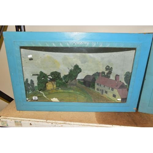 743 - TWO MID 20TH CENTURY WOOD AND GLASS CASED DIORAMAS, one containing a model of a house with several o... 