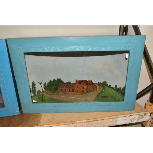 743 - TWO MID 20TH CENTURY WOOD AND GLASS CASED DIORAMAS, one containing a model of a house with several o... 