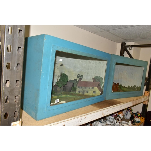 743 - TWO MID 20TH CENTURY WOOD AND GLASS CASED DIORAMAS, one containing a model of a house with several o... 