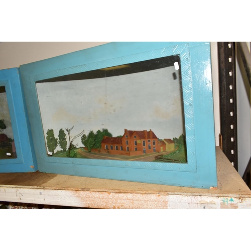 743 - TWO MID 20TH CENTURY WOOD AND GLASS CASED DIORAMAS, one containing a model of a house with several o... 