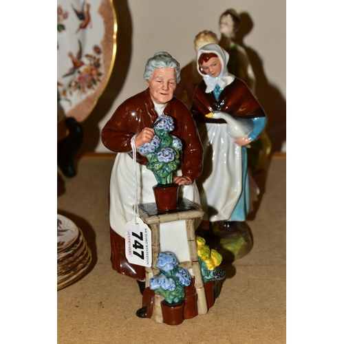 747 - FOUR ROYAL DOULTON FIGURINES, comprising Flora HN2349, Country Lass HN1991, A Hostess of Williamsbur... 