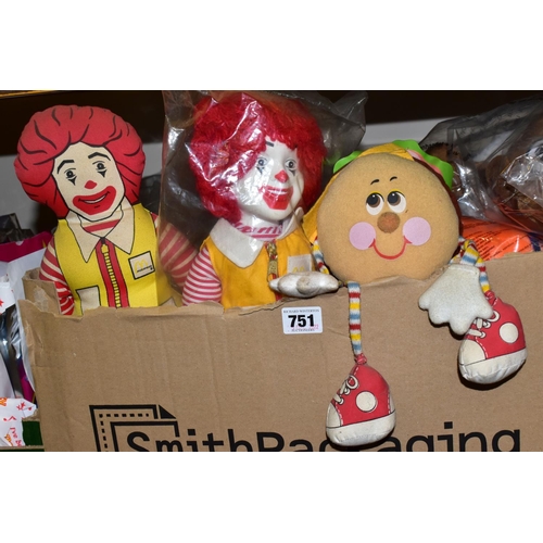 751 - FIVE BOXES OF McDONALDS HAPPY MEAL TOYS ETC, to include a box of balloons, a box of plastic toys, tw... 