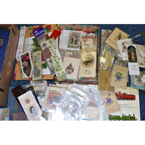 755 - EPHEMERA, one box containing a collection of bookmarks, some embroidered, two scrapbooks, one featur... 