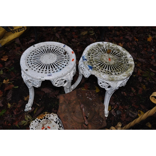 1007 - TWO CAST ALUMINIUM GARDEN STOOLS, a Sundial plate, a sundial on cast iron pedestal, and a wrought ir... 