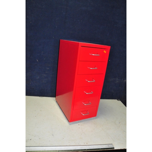 1060 - A RED METAL FILING CHEST OF SIX DRAWERS, with four casters, width 28cm x depth 41cm x height 69cm