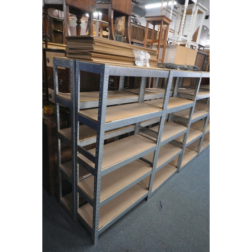 1079 - TWELVE ASSEMBLED GALVANISED RACKING SHELVING, all with five mdf shelves, and a quantity of loose she... 