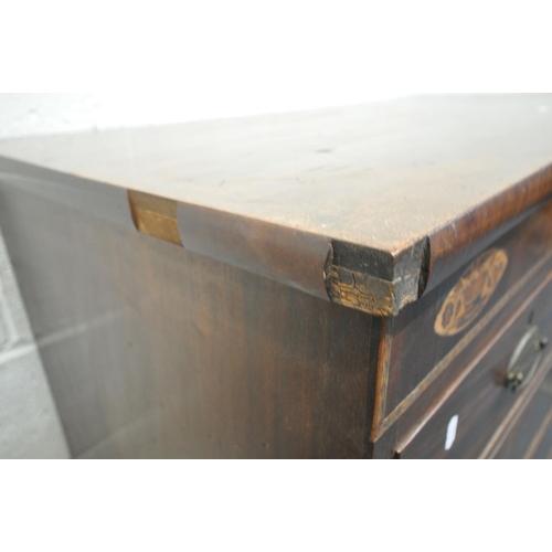 1201 - A GEORGIAN MAHOGANY AND MARQUETRY INLAID CHEST OF TWO SHORT OVER THREE LONG GRADUATED DRAWERS, on br... 