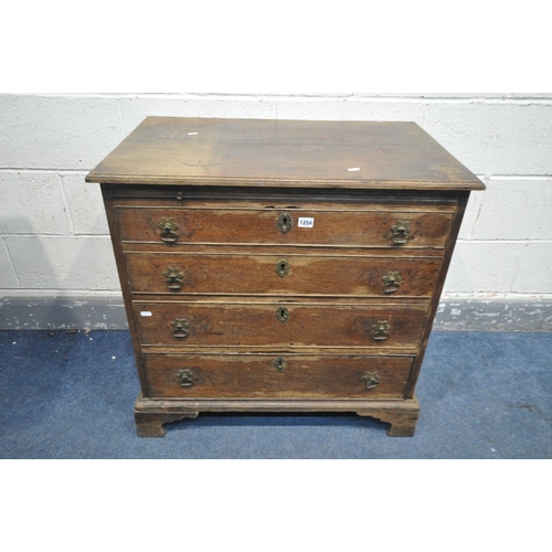 1204 - A 18TH CENTURY OAK BACHELORS CHEST OF FOUR GRADUATED DRAWERS, with a brushing slide, on bracket feet... 