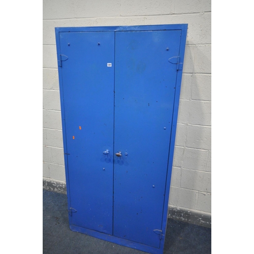 1207 - A BLUE PAINTED METAL TWO DOOR CABINET, width 92cm x depth 46cm x height 181cm (condition:-some dents... 