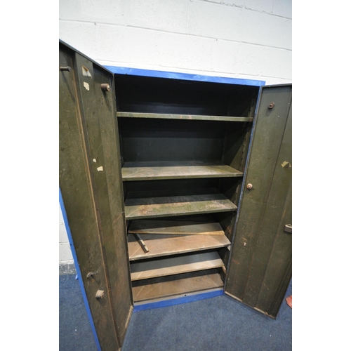 1207 - A BLUE PAINTED METAL TWO DOOR CABINET, width 92cm x depth 46cm x height 181cm (condition:-some dents... 