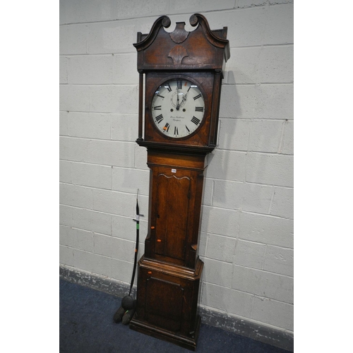 1209 - A GEORGIAN OAK EIGHT DAY LONGCASE CLOCK, the hood with a swan neck pediment, reeded pillars flanking... 