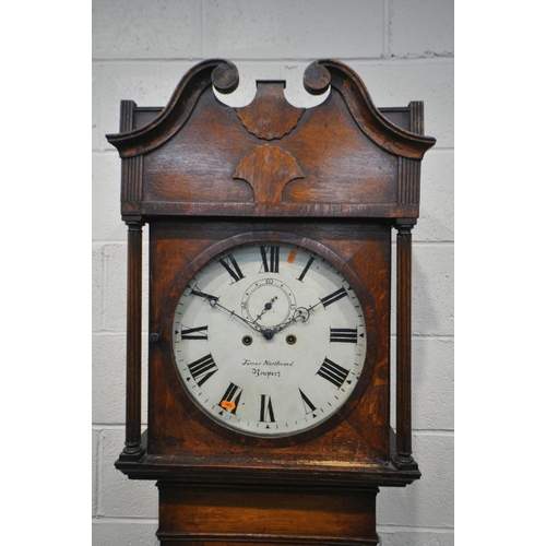 1209 - A GEORGIAN OAK EIGHT DAY LONGCASE CLOCK, the hood with a swan neck pediment, reeded pillars flanking... 