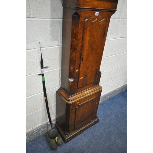 1209 - A GEORGIAN OAK EIGHT DAY LONGCASE CLOCK, the hood with a swan neck pediment, reeded pillars flanking... 