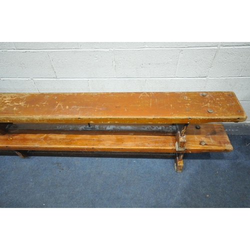 1315 - TWO VINTAGE STAINED PINE SCHOOL BENCHES, length 336cm (condition:-distressed condition)