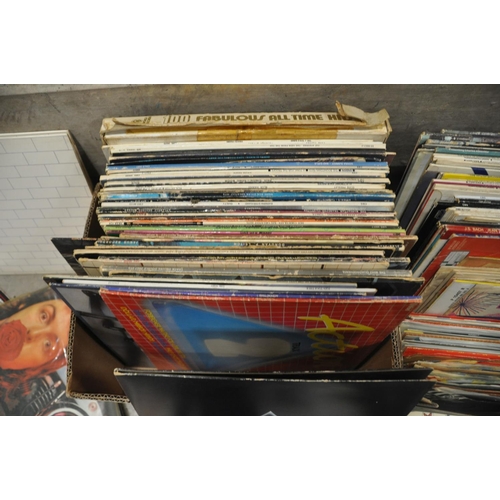 802 - TWO TRAYS CONTAINING OVER ONE HUNDRED AND THIRTY LPs AND 7in SINGLES including  Darkside of the Moon... 