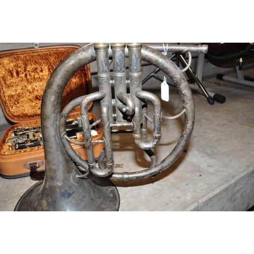 829 - A W.BROWN AND SONS DEVON FRENCH HORN with silvered finish( tarnished) three valves, and 'prototype m... 