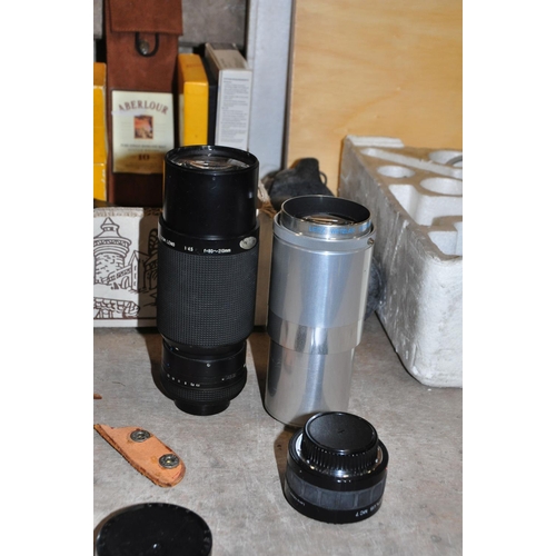 849 - A TRAY OF CAMERA EQUIPMENT AND A BOXED DURST ENLARGER including a Halina A1 TLR, a Leitz 200mm fens,... 