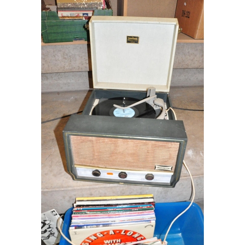 887 - A DANSETTE CONQUEST AUTO RECORD PLAYER in Olive and grey ( PAT fail due to uninsulated plug, powers ... 