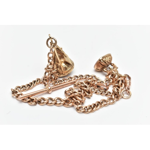 1 - A 9CT YELLOW GOLD ALBERT CHAIN, the curb link chain with swivel lobster clasp and T bar, suspending ... 