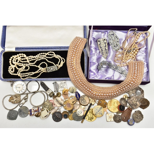 101 - A SHOE BOX OF ASSORTED ITEMS, to include a four strand graduated cultured pearl necklace fitted with... 