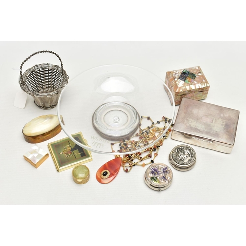 103 - A BOX OF ASSORTED ITEMS, to include an early 20th century silver framed perpetual calendar by 'Sande... 