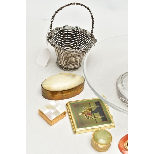 103 - A BOX OF ASSORTED ITEMS, to include an early 20th century silver framed perpetual calendar by 'Sande... 