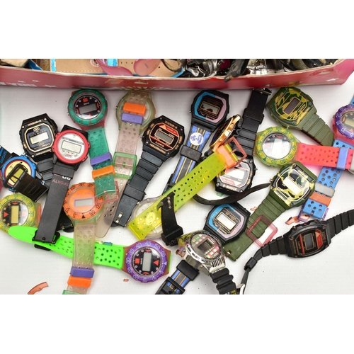 107 - A CARDBOARD BOX OF ASSORTED WRISTWATCHES, used conditions, ladies and gents fashion watches, fitted ... 