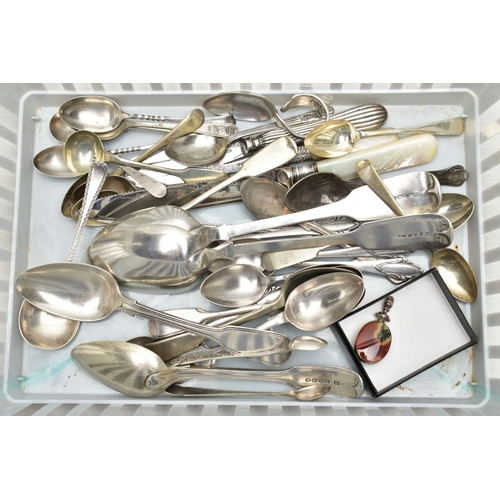 109 - A BASKET OF SILVER AND WHITE METAL CUTLERY, to include two early Victorian fiddle pattern serving sp... 