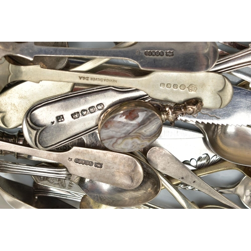 109 - A BASKET OF SILVER AND WHITE METAL CUTLERY, to include two early Victorian fiddle pattern serving sp... 