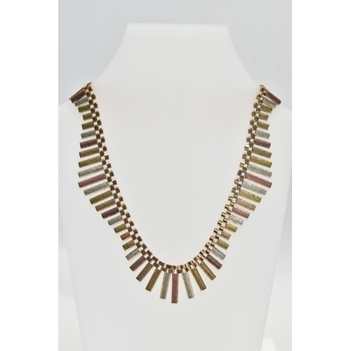 11 - A 9CT ROSE, YELLOW AND WHITE GOLD FRINGE NECKLACE, designed as a series of undulating textured links... 