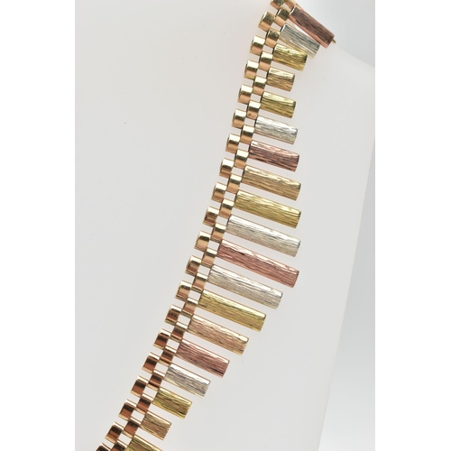 11 - A 9CT ROSE, YELLOW AND WHITE GOLD FRINGE NECKLACE, designed as a series of undulating textured links... 