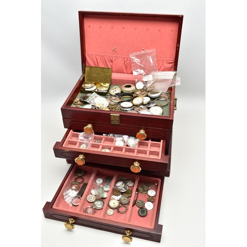 112 - A MULTI STORAGE WOODEN BOX WITH WATCH PARTS, mahogany box with hinged opening lid and four draws, to... 