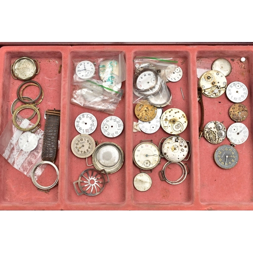 112 - A MULTI STORAGE WOODEN BOX WITH WATCH PARTS, mahogany box with hinged opening lid and four draws, to... 